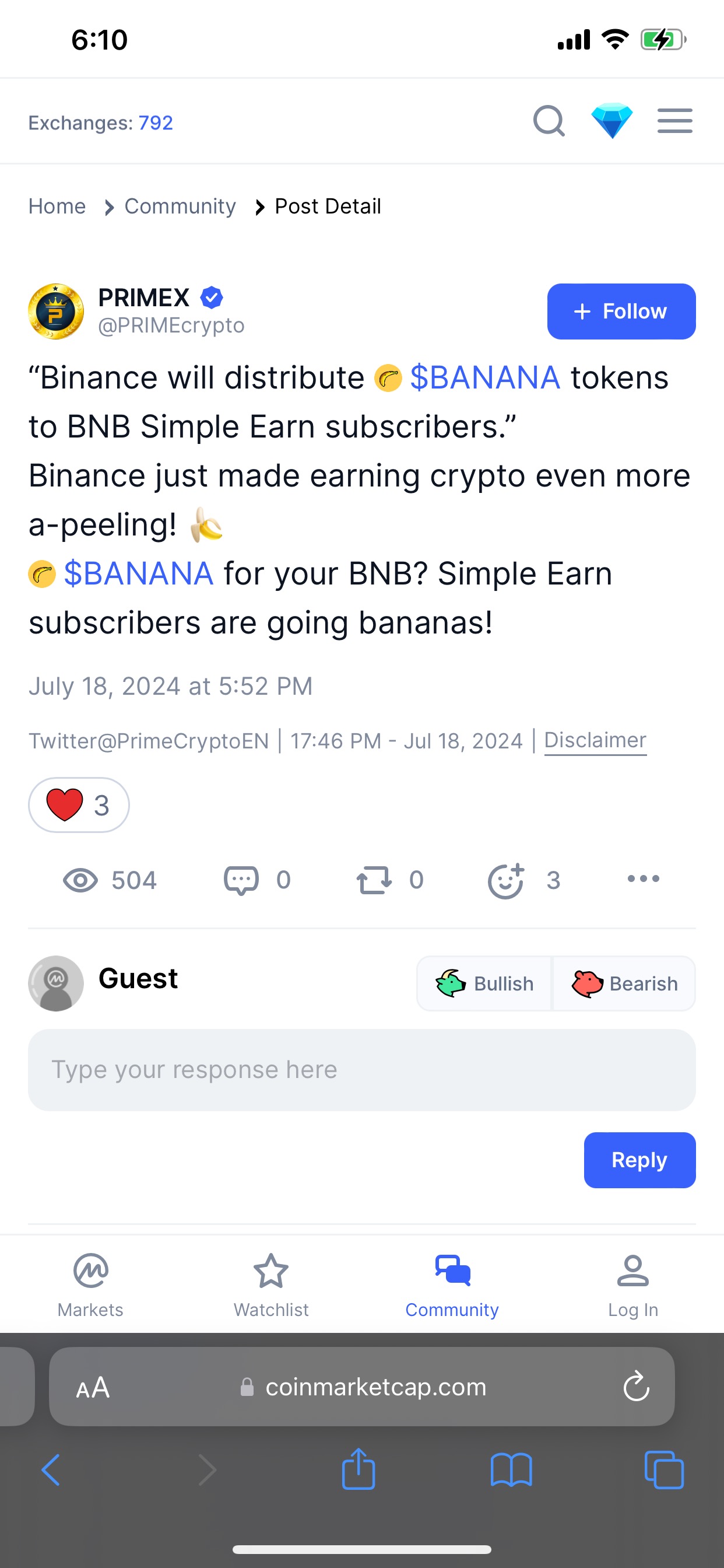 Rumor of Binance distributing BANANA tokens